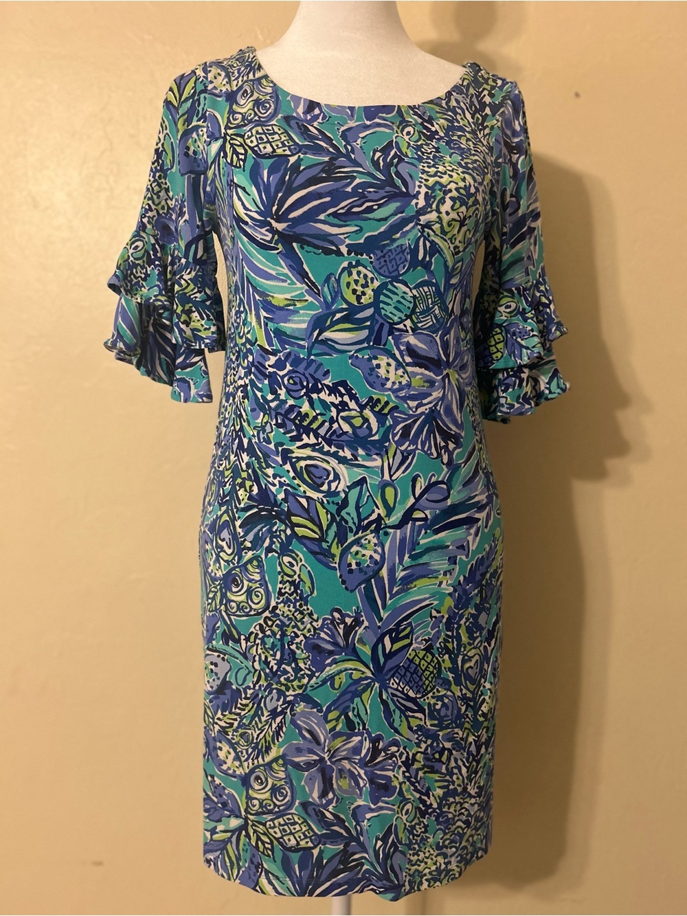 Lilly Pulitzer Teal, Blue & Green Floral Midi Dress with Ruffle Sleeves
